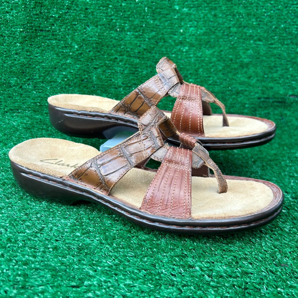 Clarks Brown Leather Croc Embossed Thong Wedge Sandals 71176 Womens 8.5 M